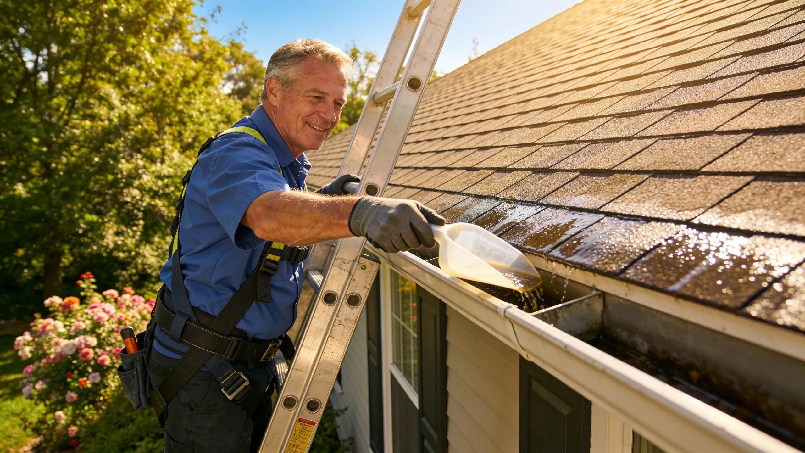 Homeowner cleaning gutters as part of regular roof maintenance to ensure longevity and prevent damage