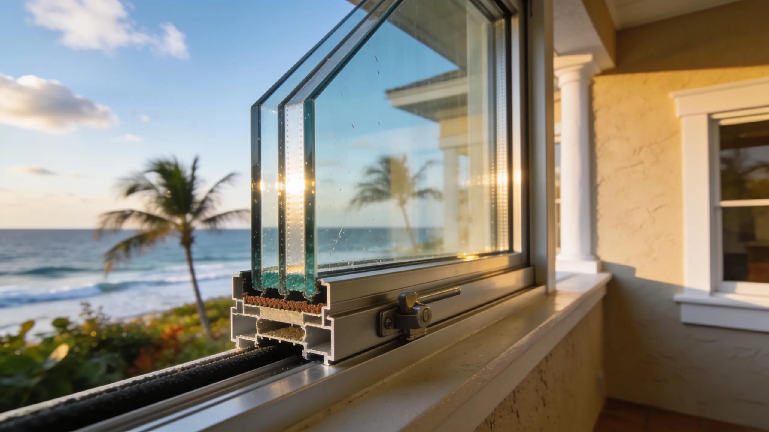 Close-up of impact-resistant windows highlighting durability and coastal storm protection features