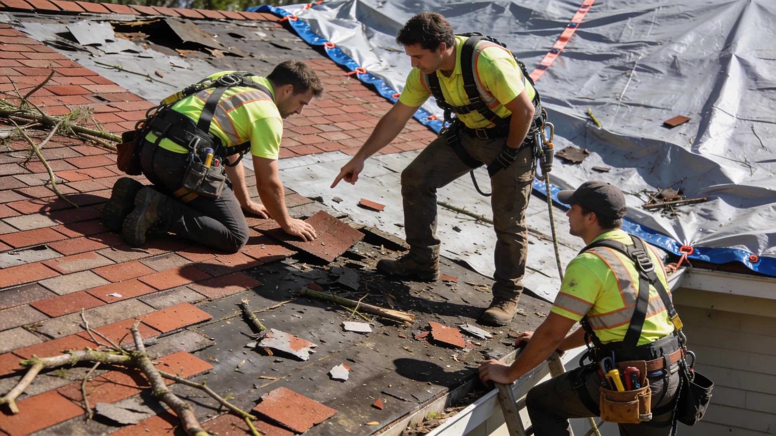 Local roofing contractors inspecting storm damage on a residential roof, showcasing their emergency response capabilities
