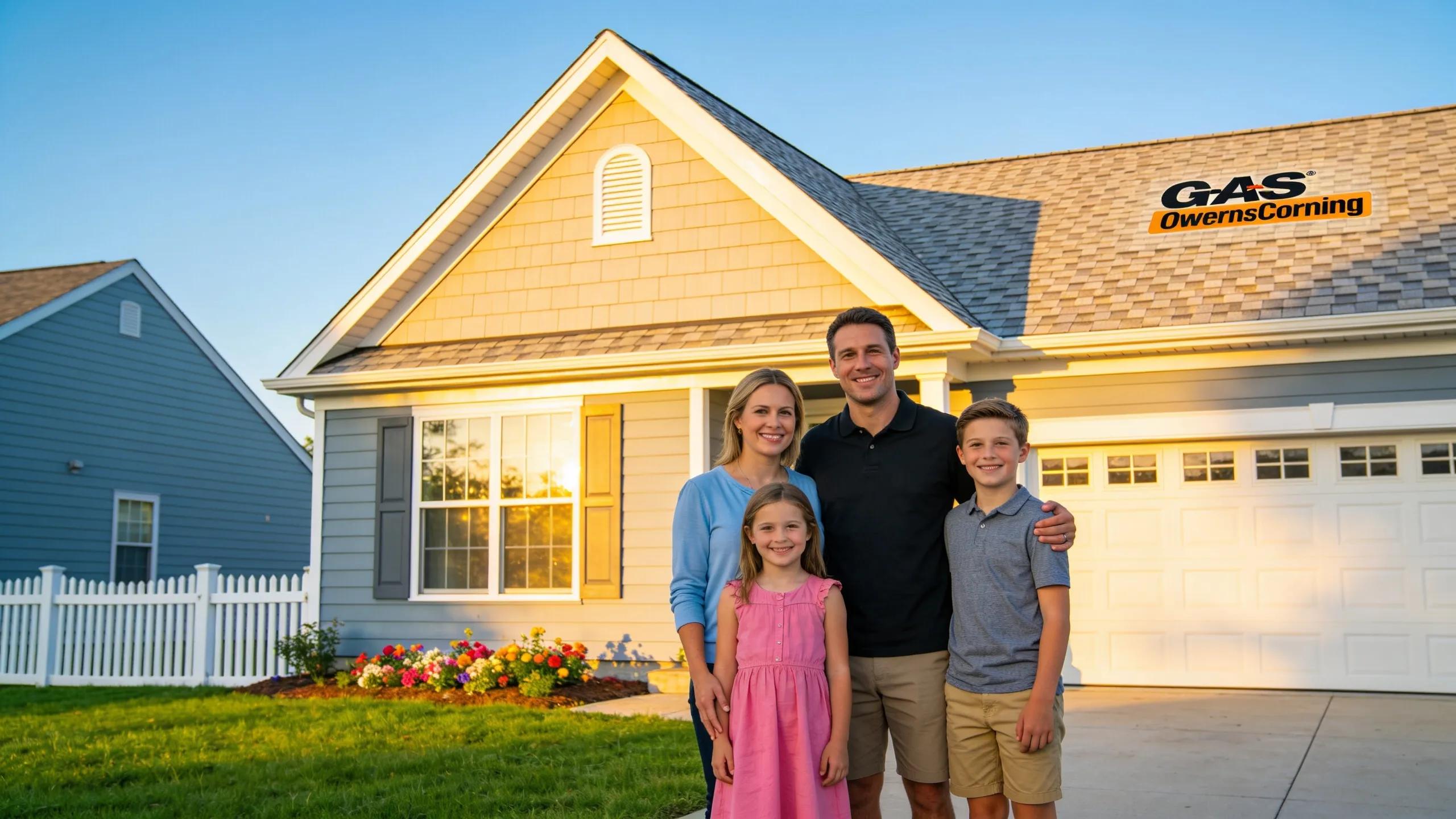 Residential home in Smyrna DE with a new GAF Owens Corning roof and family outside